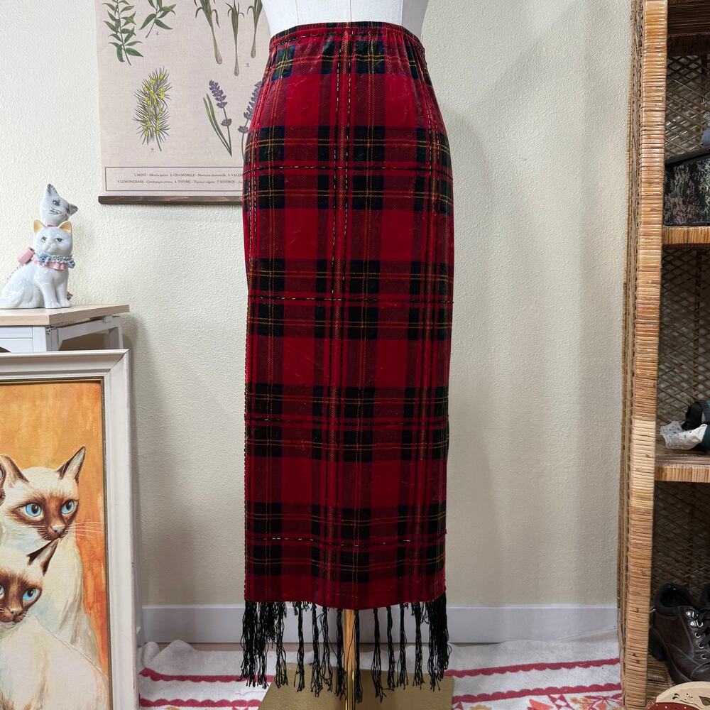 90s Y2k Red Plaid Velvet Beaded Fringe Maxi Skirt Punk Grunge Whimsigoth S M